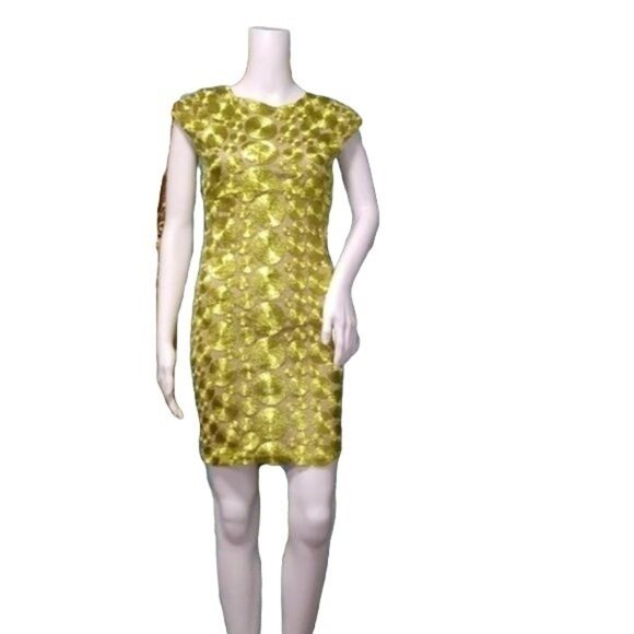 Rubber Ducky Embroidered Circles Formal Cocktail Mini Sheath Dress Yellow S NWOT - Picture 2 of 6